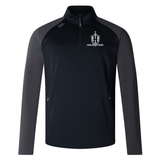The Highlanders Rugby NC Elite 1/4 Zip Top by EMB Canterbury is a black and gray long-sleeve training pullover featuring a "Highlander Rugby" logo on the left chest, crafted from lower impact materials.