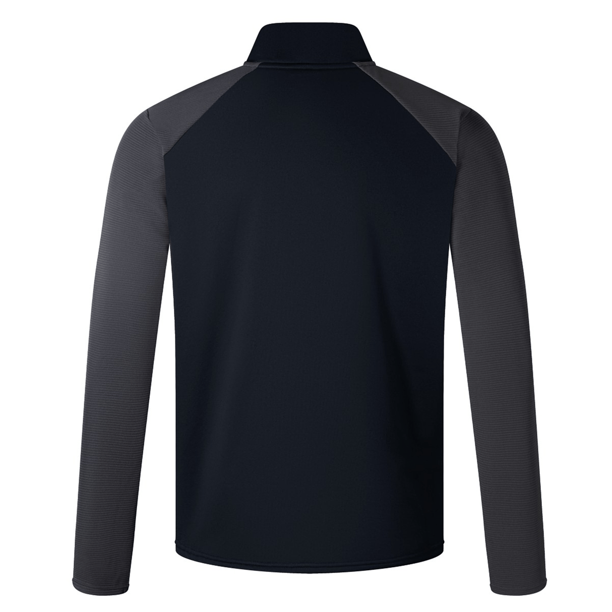 Back view of a black long-sleeved Canterbury Elite 1/4 Zip Top sports jacket with gray panels under the arms and on the shoulders.