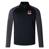 The Southern Pines Youth Rugby Elite 1/4 Zip Top by EMB Canterbury flaunts a black and grey half-zip design and showcases a red and black shield logo with "S F" initials on the chest. Made from eco-friendly, high-performance fabric, it perfectly blends style with environmental mindfulness.