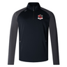 The Southern Pines Youth Rugby Elite 1/4 Zip Top by EMB Canterbury flaunts a black and grey half-zip design and showcases a red and black shield logo with "S F" initials on the chest. Made from eco-friendly, high-performance fabric, it perfectly blends style with environmental mindfulness.