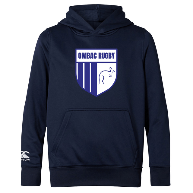 The OMBAC Rugby Club Lightweight Hoodie by WRS Canterbury is a navy blue, lightweight hoodie featuring "OMBAC Rugby" and a shield graphic on the front. The right sleeve proudly displays the Canterbury logo, and the design includes a convenient kangaroo pocket for added functionality.