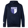 The OMBAC Rugby Club Lightweight Hoodie by WRS Canterbury is a navy blue, lightweight hoodie featuring "OMBAC Rugby" and a shield graphic on the front. The right sleeve proudly displays the Canterbury logo, and the design includes a convenient kangaroo pocket for added functionality.