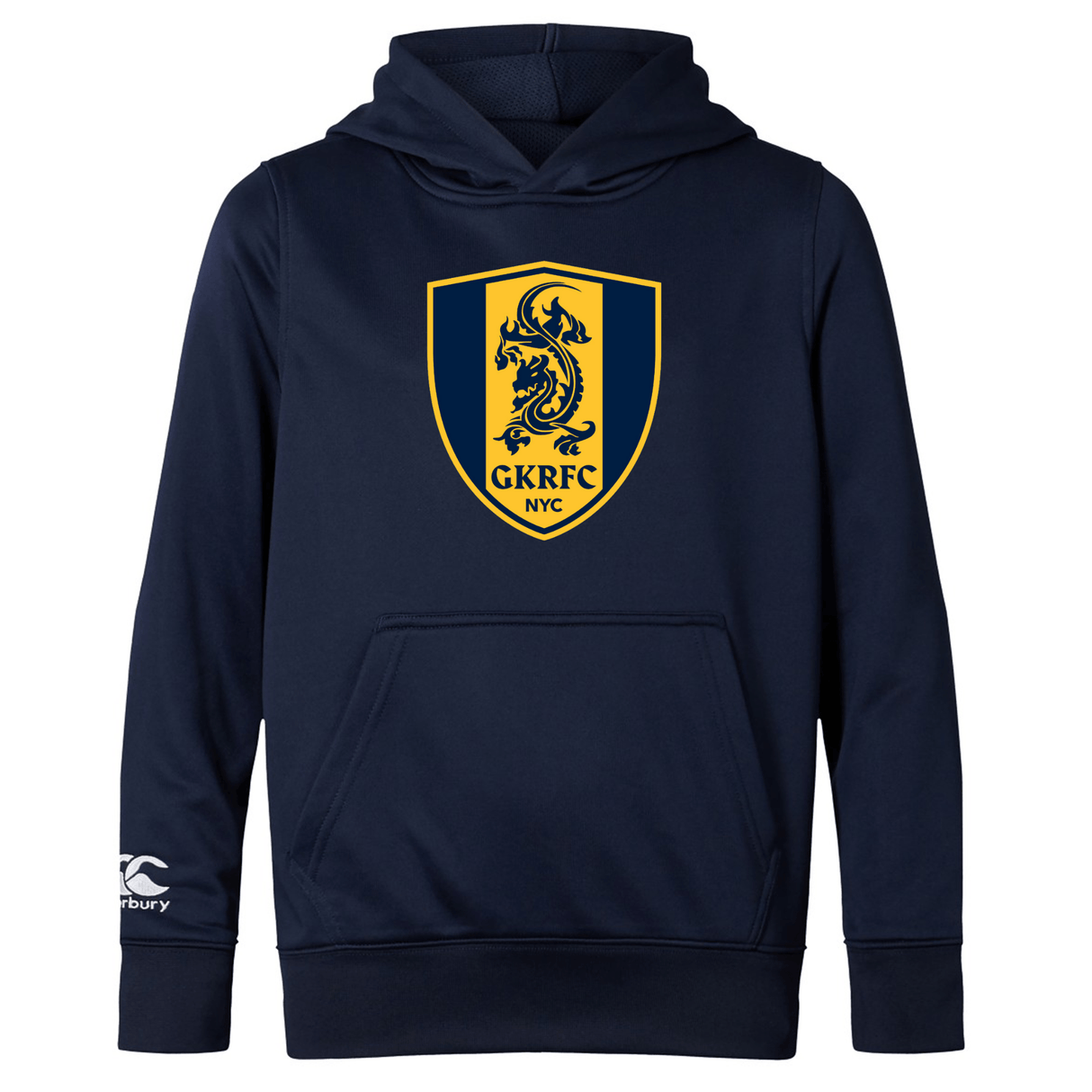 The Gotham Knights Club Lightweight Hoodie by WRS Canterbury, in navy blue, features a shield logo with a lion and the text "GKRFC NYC" on the chest. It includes a kangaroo pocket for convenience and has the WRS Canterbury brand logo on the left sleeve.