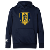 The Gotham Knights Club Lightweight Hoodie by WRS Canterbury, in navy blue, features a shield logo with a lion and the text "GKRFC NYC" on the chest. It includes a kangaroo pocket for convenience and has the WRS Canterbury brand logo on the left sleeve.