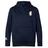 New arrival: The Italy Shield Club Lightweight Hoodie by EMB Canterbury, in navy blue, features a front pocket, an Italy Shield Club emblem on the chest, and a Canterbury logo on the sleeve. This stylish piece is perfect for showcasing your love for Italy.