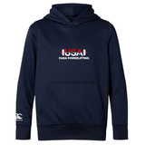The USA Para Powerlifting Club Lightweight Hoodie by WRS Canterbury is a navy blue polyester hoodie with a front pocket, "USA Para Powerlifting" barbell logo on the chest, and Canterbury Club logo on the left sleeve.