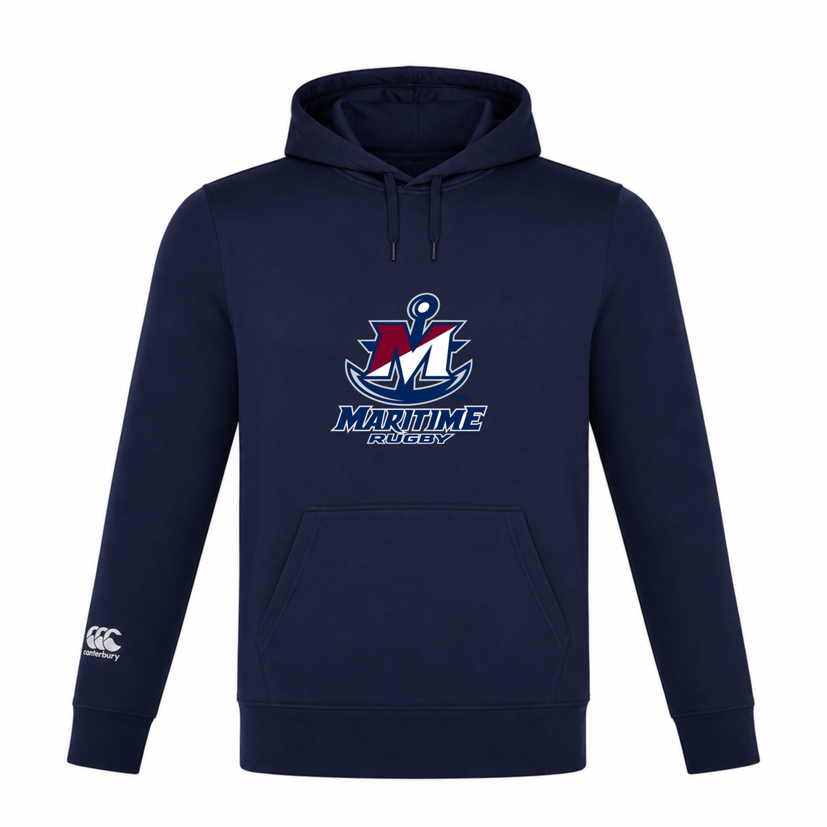 Navy blue SUNY Maritime Men’s Rugby Club Lightweight Hoodie by Canterbury featuring a Maritime Rugby logo on the chest and a small brand logo on the right sleeve.