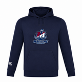 Navy blue SUNY Maritime Men’s Rugby Club Lightweight Hoodie by Canterbury featuring a Maritime Rugby logo on the chest and a small brand logo on the right sleeve.