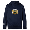 The Old Man Rivah Rugby Club Lightweight Hoodie by WRS Canterbury is a navy blue hoodie with a club-inspired crest featuring two lions, a shield, lion head, and the text "OLD MAN RIVAH" and "NON QUAM CEDIMUS.