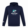 The NC Rugby Academy - Megalodons Club Lightweight Hoodie by Canterbury features a navy blue design, shark graphic, and "Megalodons NC Rugby Academy" text, plus a white Canterbury logo on the sleeve. Ideal for fans and players. Brand: WRS Canterbury.