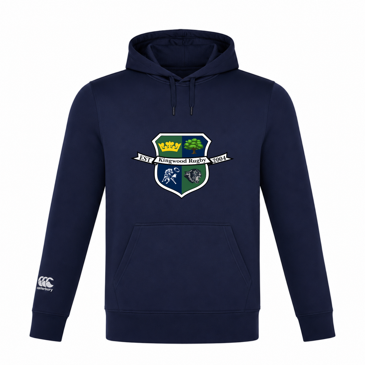 The Kingwood Rugby Club Lightweight Hoodie by WRS Canterbury is a navy blue hoodie with a shield-shaped crest on the chest and a white Canterbury Club logo on the left sleeve, custom made for team spirit and comfort.