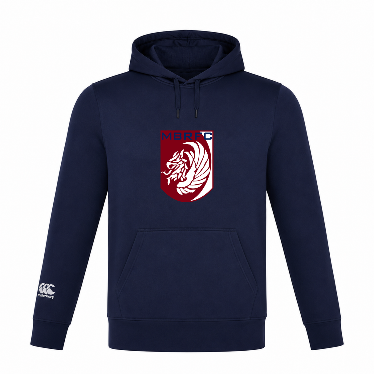 The Montgomery Bucks Griffins Club Lightweight Hoodie by Canterbury is a navy blue, lightweight hoodie with front pouch pocket, maroon and white MBRFC lion logo on the chest, and Canterbury branding on the left sleeve. Brand: WRS Canterbury.
