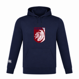 The Montgomery Bucks Griffins Club Lightweight Hoodie by Canterbury is a navy blue, lightweight hoodie with front pouch pocket, maroon and white MBRFC lion logo on the chest, and Canterbury branding on the left sleeve. Brand: WRS Canterbury.