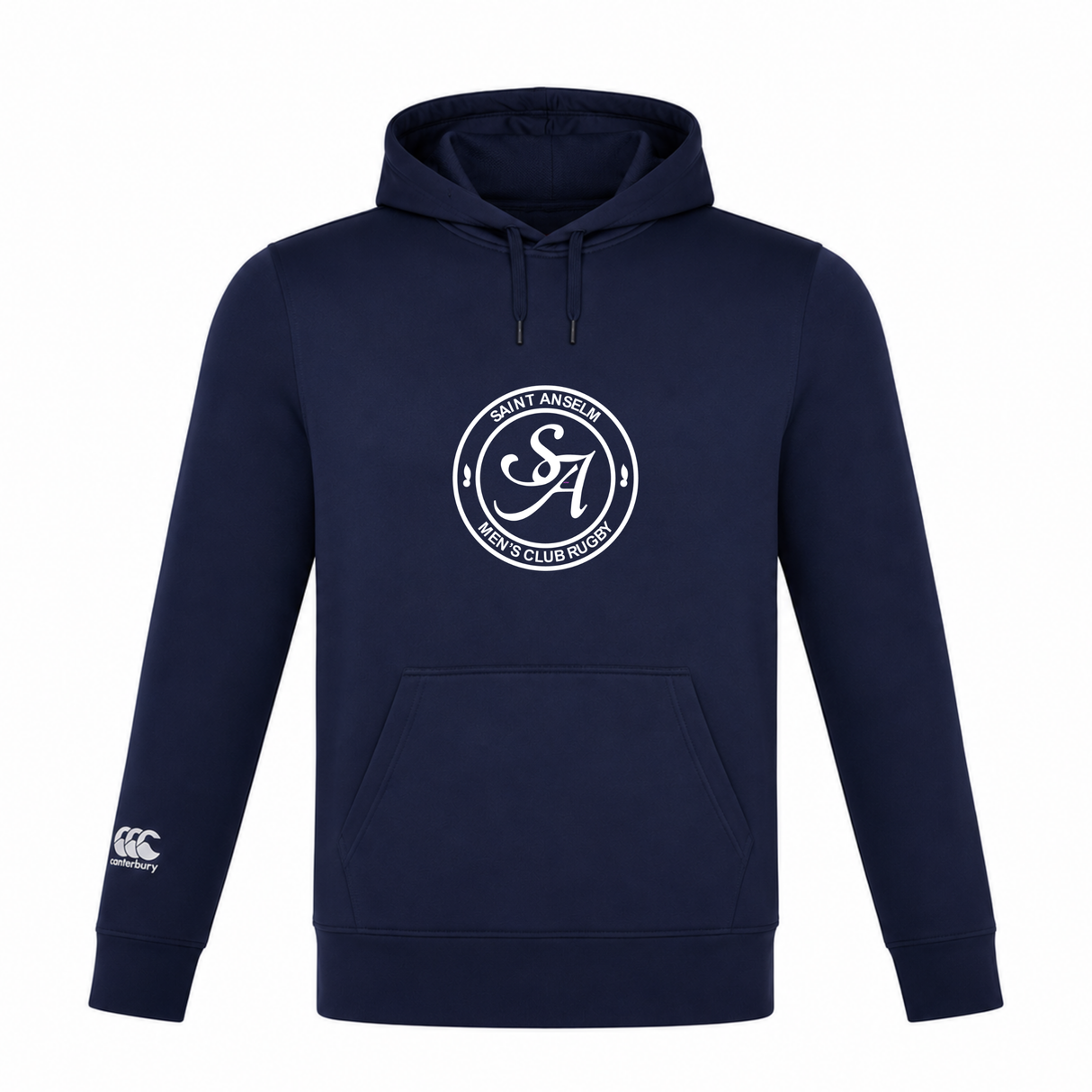 The Saint Anselm College Club Rugby Lightweight Hoodie by Canterbury features a navy blue design with a white "SA" Men's Club Rugby logo on the chest and a small Canterbury Club logo on the sleeve. Brand: WRS Canterbury.