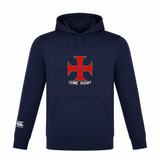 Introducing the SF CDME Rugby Club Lightweight Hoodie by Canterbury, a navy blue hoodie from WRS Canterbury. It features a striking red cross emblem with "CDME RUGBY" text on the front and the signature white Canterbury logo on the left sleeve. Crafted from lightweight polyester, this hoodie ensures comfort and style whether you’re on or off the field.