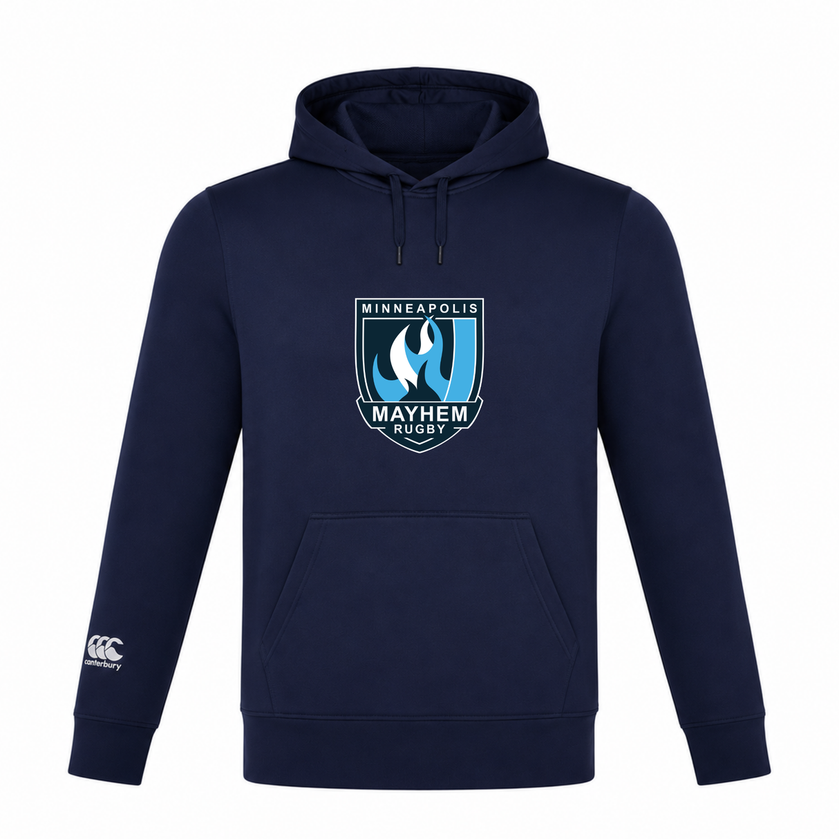 The Minneapolis Mayhem Rugby Club Lightweight Hoodie by Canterbury, from WRS Canterbury, is a navy blue hoodie featuring a custom Minneapolis Mayhem Rugby logo on the chest and a small Canterbury logo on the sleeve.