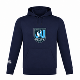 The Minneapolis Mayhem Rugby Club Lightweight Hoodie by Canterbury, from WRS Canterbury, is a navy blue hoodie featuring a custom Minneapolis Mayhem Rugby logo on the chest and a small Canterbury logo on the sleeve.