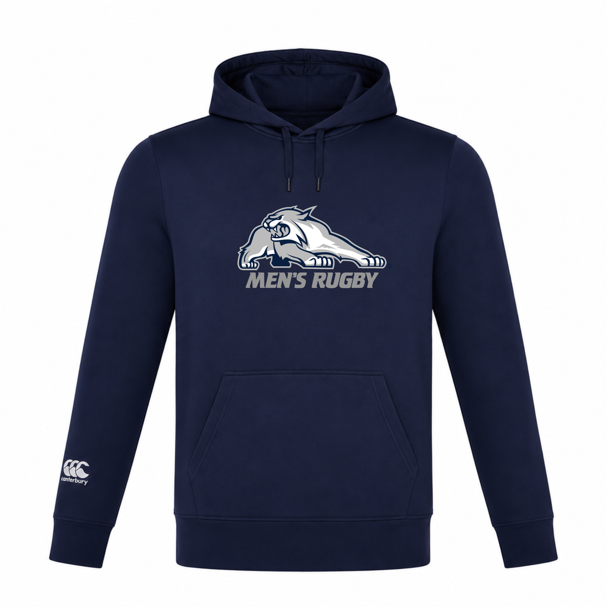 Navy blue University of New Hampshire Club Lightweight Hoodie by Canterbury featuring a wildcat graphic and “MEN’S RUGBY” text on the chest, with an embroidered CCC logo on the right sleeve.