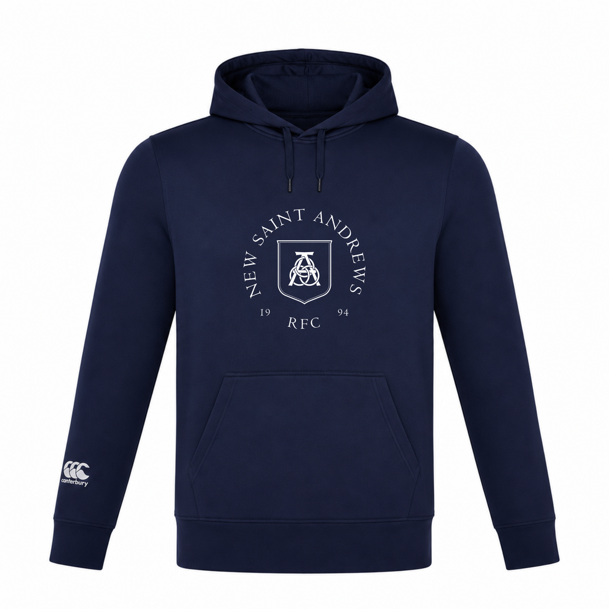 Introducing the New Saint Andrews College Club Lightweight Hoodie by Canterbury. This navy blue hoodie, custom made by WRS Canterbury, features the New Saint Andrews RFC logo in white on the chest and a small Canterbury Club logo on the lower left sleeve. Combining comfort and style, it’s a perfect addition to your collection.