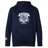 The Milwaukee Barbarians Rugby Club Lightweight Hoodie by WRS Canterbury features a crest logo on the chest and a small Canterbury logo on the left sleeve. Navy blue, custom made, lightweight, and perfect for fans.