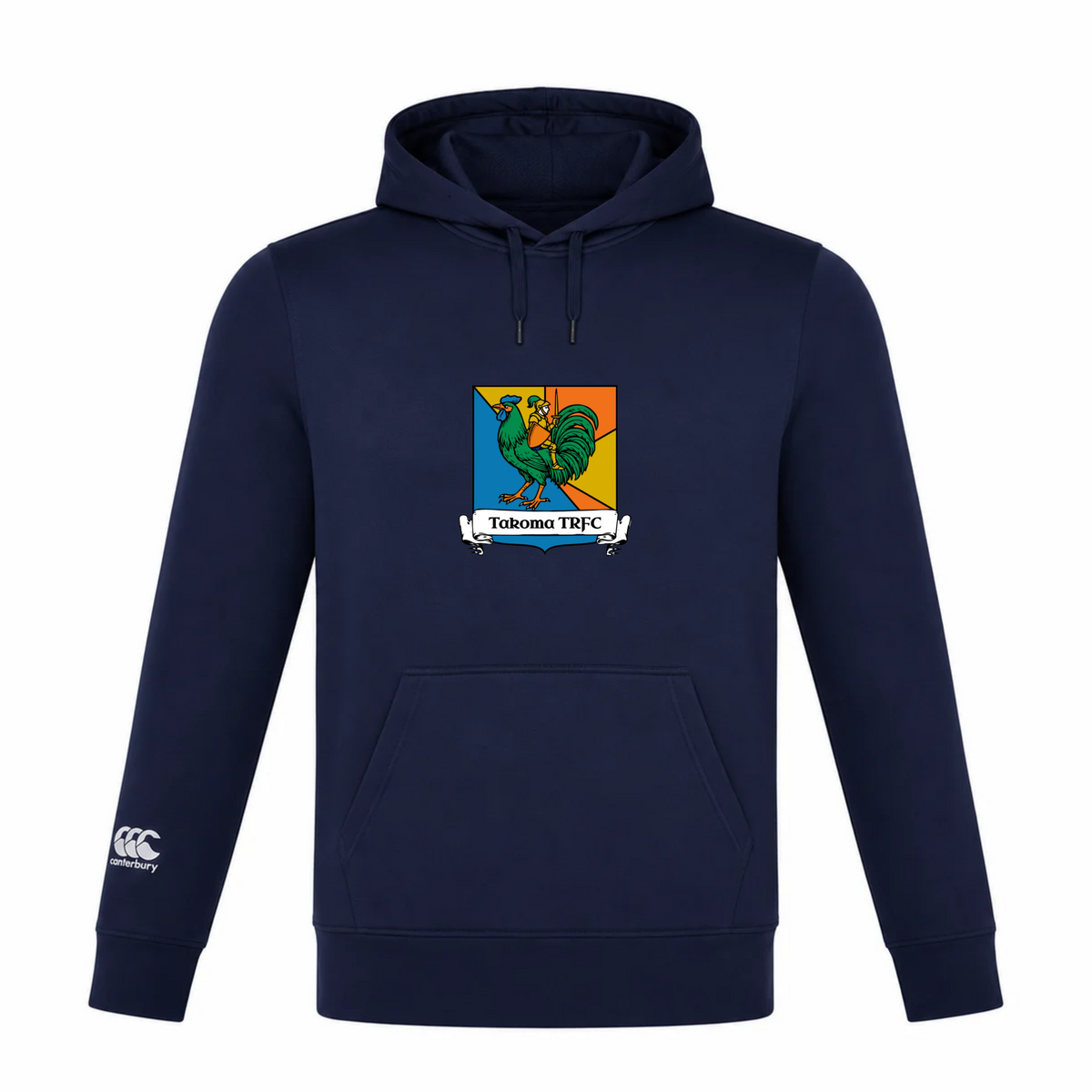 Custom-made navy blue Takoma Touch Rugby Club Lightweight Hoodie by Canterbury, featuring a central rooster crest and a Canterbury logo on the right sleeve.