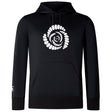 The Missoula All-Maggots Club Lightweight Hoodie by Canterbury from WRS Canterbury is a black hoodie featuring a white spiral shell graphic on the chest and a small white emblem on the right sleeve; it has a front pocket and drawstring hood, making it perfect as a custom-made Canterbury Club hoodie.