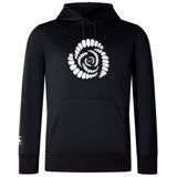 The Missoula All-Maggots Club Lightweight Hoodie by Canterbury from WRS Canterbury is a black hoodie featuring a white spiral shell graphic on the chest and a small white emblem on the right sleeve; it has a front pocket and drawstring hood, making it perfect as a custom-made Canterbury Club hoodie.
