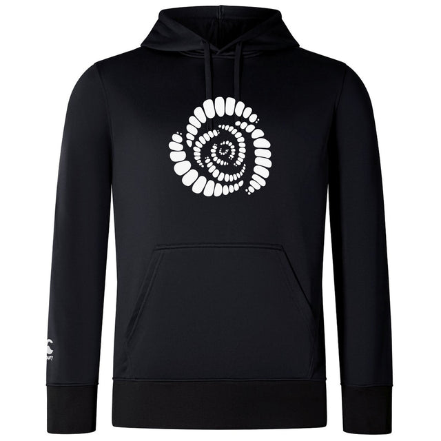 The Missoula All-Maggots Club Lightweight Hoodie by Canterbury from WRS Canterbury is a black hoodie featuring a white spiral shell graphic on the chest and a small white emblem on the right sleeve; it has a front pocket and drawstring hood, making it perfect as a custom-made Canterbury Club hoodie.