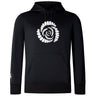 The Missoula All-Maggots Club Lightweight Hoodie by Canterbury from WRS Canterbury is a black hoodie featuring a white spiral shell graphic on the chest and a small white emblem on the right sleeve; it has a front pocket and drawstring hood, making it perfect as a custom-made Canterbury Club hoodie.