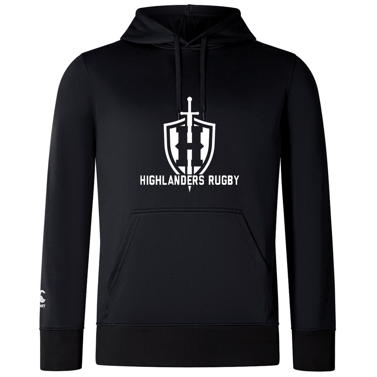 The Highlanders Rugby NC Club Lightweight Hoodie by WRS Canterbury is a black, lightweight hoodie that features a kangaroo pocket and the "Highlanders Rugby" logo and text in white on the chest.