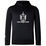 The Highlanders Rugby NC Club Lightweight Hoodie by WRS Canterbury is a black, lightweight hoodie that features a kangaroo pocket and the "Highlanders Rugby" logo and text in white on the chest.