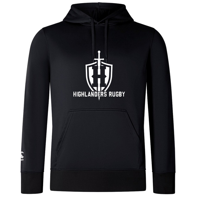 The Highlanders Rugby NC Club Lightweight Hoodie by WRS Canterbury is a black, lightweight hoodie that features a kangaroo pocket and the "Highlanders Rugby" logo and text in white on the chest.