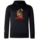 Black polyester hoodie featuring a graphic of a muscular cartoon character wielding an axe and the word "Berserkers" written below in red text. This Berserkers Club Lightweight Hoodie by Canterbury also includes a convenient kangaroo pocket for extra functionality.