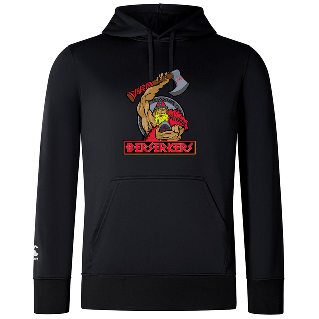 Black polyester hoodie featuring a graphic of a muscular cartoon character wielding an axe and the word "Berserkers" written below in red text. This Berserkers Club Lightweight Hoodie by Canterbury also includes a convenient kangaroo pocket for extra functionality.
