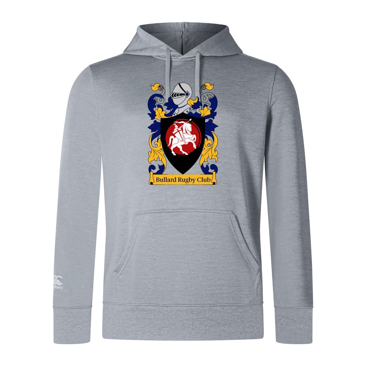 Introducing the Bullard Rugby Club Lightweight Hoodie by Canterbury, crafted by WRS Canterbury. This stylish grey hoodie showcases the club's crest complete with a knight's helmet, blue and yellow accents, and a distinctive central red shield featuring a white horse design. Made from comfortable polyester, the hoodie is finished with an embroidered CCC logo for added flair.