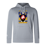 Introducing the Bullard Rugby Club Lightweight Hoodie by Canterbury, crafted by WRS Canterbury. This stylish grey hoodie showcases the club's crest complete with a knight's helmet, blue and yellow accents, and a distinctive central red shield featuring a white horse design. Made from comfortable polyester, the hoodie is finished with an embroidered CCC logo for added flair.