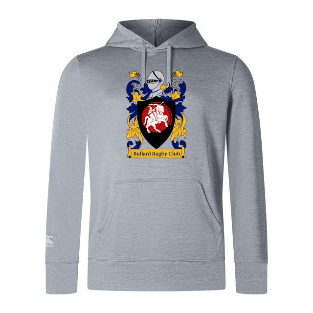 Introducing the Bullard Rugby Club Lightweight Hoodie by Canterbury, crafted by WRS Canterbury. This stylish grey hoodie showcases the club's crest complete with a knight's helmet, blue and yellow accents, and a distinctive central red shield featuring a white horse design. Made from comfortable polyester, the hoodie is finished with an embroidered CCC logo for added flair.