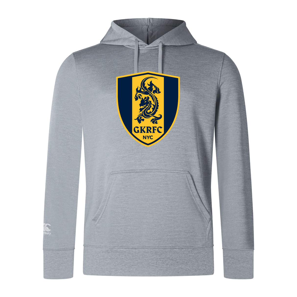 The Gotham Knights Club Lightweight Hoodie by Canterbury from WRS Canterbury is a stylish and functional option, featuring a gray hooded sweatshirt with the GKRFC NYC logo, which displays a dragon on a shield background. Equipped with a convenient kangaroo pocket, it perfectly balances style and utility.