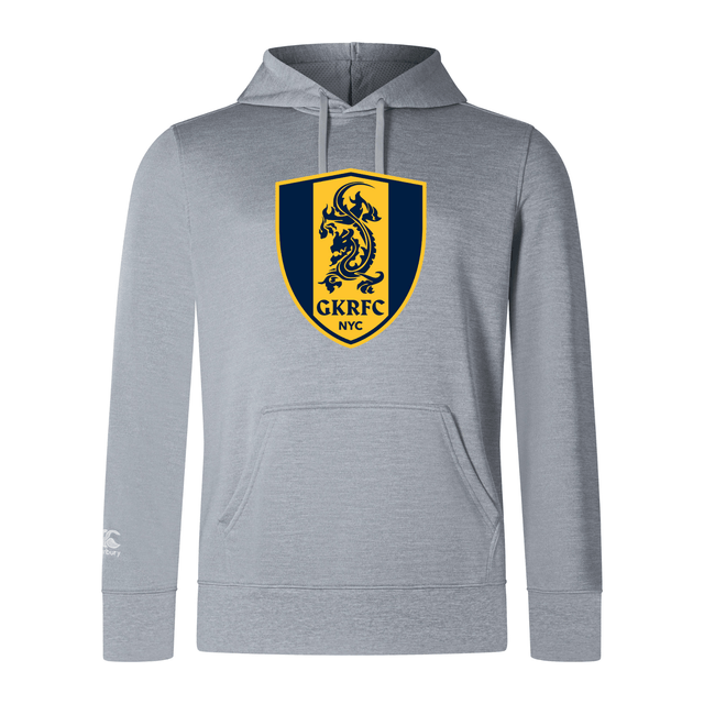 The Gotham Knights Club Lightweight Hoodie by Canterbury from WRS Canterbury is a stylish and functional option, featuring a gray hooded sweatshirt with the GKRFC NYC logo, which displays a dragon on a shield background. Equipped with a convenient kangaroo pocket, it perfectly balances style and utility.