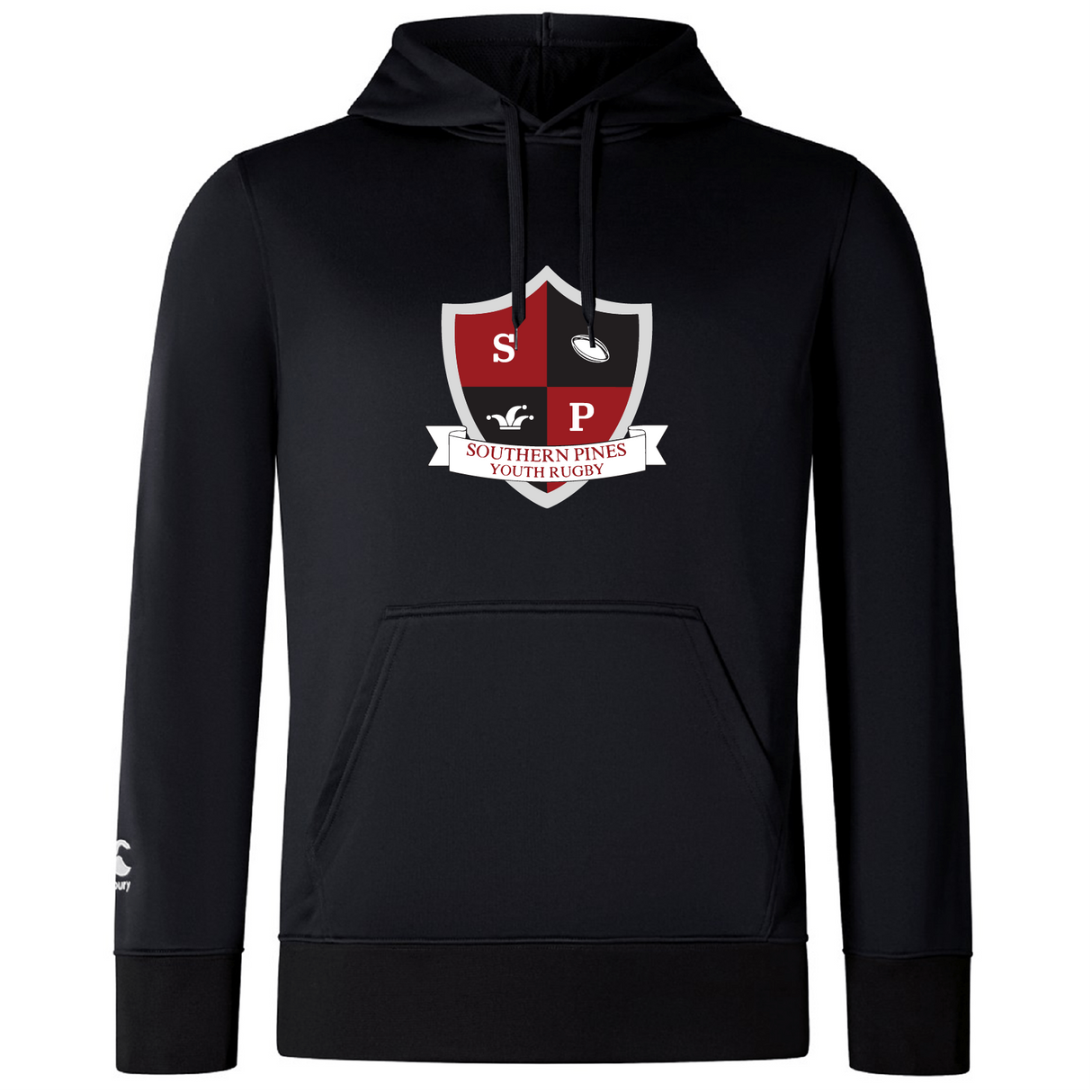 The WRS Canterbury Southern Pines Youth Rugby Club Lightweight Hoodie is black, featuring a shield design on the front, adjustable drawstrings, and a comfy polyester hood—ideal for fans.
