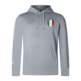 The EMB Canterbury Italy Shield Club Lightweight Hoodie in gray features a front pocket, drawstrings, and a chest patch. Just in and perfect for elevating your casual style.