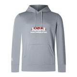The USA Para Powerlifting Club Lightweight Hoodie by WRS Canterbury features a light gray design, front pocket, red and white "USA Para Powerlifting" logo with barbell graphic, and offers signature Canterbury comfort and durability.