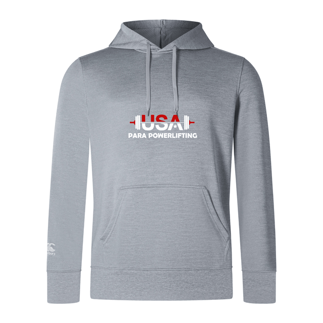 The USA Para Powerlifting Club Lightweight Hoodie by WRS Canterbury features a light gray design, front pocket, red and white "USA Para Powerlifting" logo with barbell graphic, and offers signature Canterbury comfort and durability.