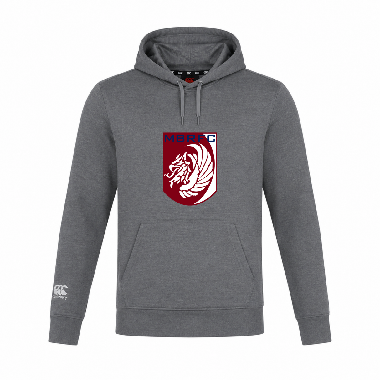 The Montgomery Bucks Griffins Club Lightweight Hoodie by WRS Canterbury is grey, lightweight, features a white and maroon lion crest with "MBRFC" on the chest, and has a small Canterbury Club logo on the left sleeve.