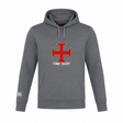 Introducing the SF CDME Rugby Club Lightweight Hoodie by Canterbury, from WRS Canterbury. This gray hoodie features a striking red cross with a blue center on the chest, "CDME RUGBY" text underneath, and a white logo on the left sleeve. Lightweight yet stylish, it's perfect for showing your team spirit while enjoying comfort and quality.