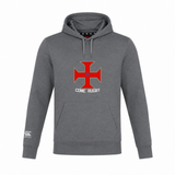 Introducing the SF CDME Rugby Club Lightweight Hoodie by Canterbury, from WRS Canterbury. This gray hoodie features a striking red cross with a blue center on the chest, "CDME RUGBY" text underneath, and a white logo on the left sleeve. Lightweight yet stylish, it's perfect for showing your team spirit while enjoying comfort and quality.