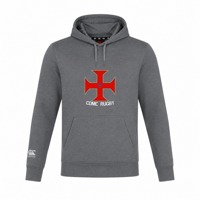 Introducing the SF CDME Rugby Club Lightweight Hoodie by Canterbury, from WRS Canterbury. This gray hoodie features a striking red cross with a blue center on the chest, "CDME RUGBY" text underneath, and a white logo on the left sleeve. Lightweight yet stylish, it's perfect for showing your team spirit while enjoying comfort and quality.