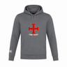 Introducing the SF CDME Rugby Club Lightweight Hoodie by Canterbury, from WRS Canterbury. This gray hoodie features a striking red cross with a blue center on the chest, "CDME RUGBY" text underneath, and a white logo on the left sleeve. Lightweight yet stylish, it's perfect for showing your team spirit while enjoying comfort and quality.