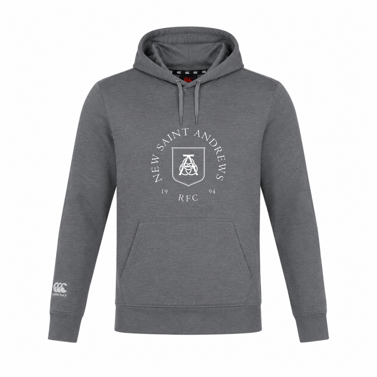 The New Saint Andrews College Club Lightweight Hoodie by Canterbury is a grey lightweight hoodie with a front pocket, showcasing “New Saint Andrews RFC 1994” and the Canterbury Club logo printed in white on the front. This custom-made hooded sweatshirt from WRS Canterbury delivers both comfort and style.