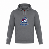 Grey SUNY Maritime Men’s Rugby Club Lightweight Hoodie by Canterbury featuring a drawstring hood, front pouch pocket, and a Maritime Rugby logo on the chest.